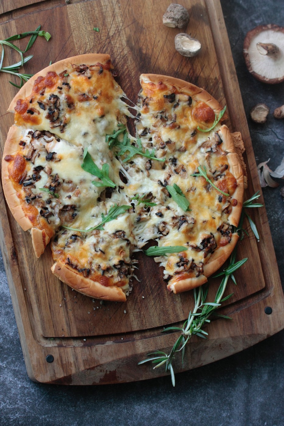 Mushrooms, cheese, a golden crust